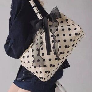 BAGGU Medium Nylon Bowler Bag Cream + Black Polka Dot NWT